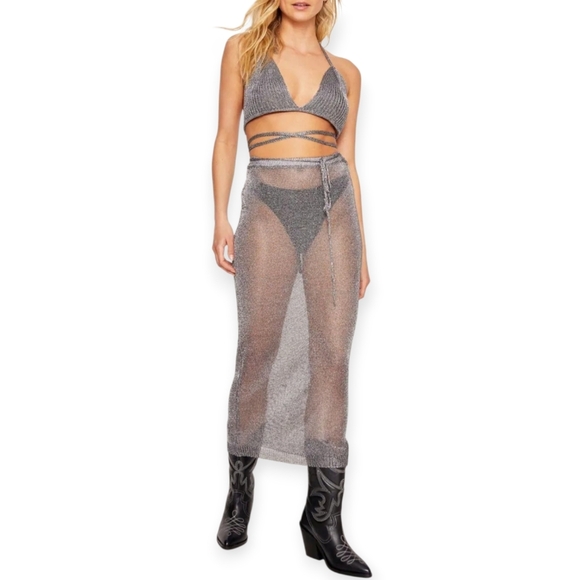 Nasty Gal Silver Metallic Mesh Knitted Maxi Skirt - Picture 1 of 7